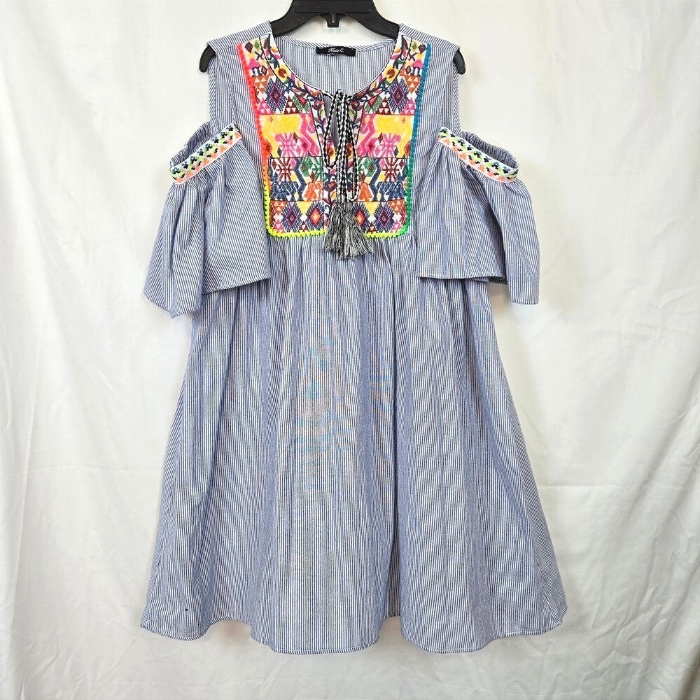 Kate C Women Blue White Stripe Folk Embroidery Cold Shoulder Cottage Dress Large